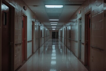 Dimly lit institutional hallway evokes mystery and anticipation, with reflections on waxed floors hinting at stories untold.