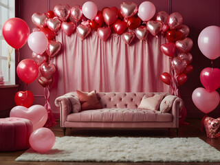 A vibrant Valentine’s backdrop with a pink sofa, clusters of heart balloons in red and pink.