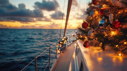 Christmas tree decorated with baubles and fairy lights on sailboat at sunset