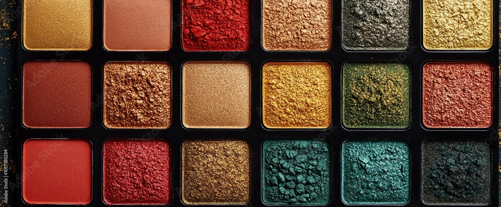 Poster close up of an open eye shadow palette with various colors of pressed powder.