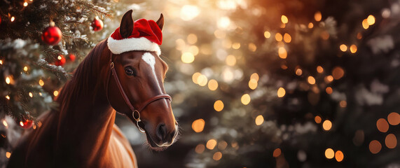 Horse wearing santa hat near christmas tree with lights