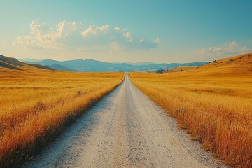 Fototapeta premium A Gravel Road Winding Through a Golden Field Under a Clear Sky