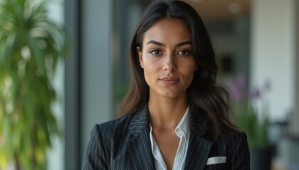 headshot diversity woman in pinstripe suit, modern office setting