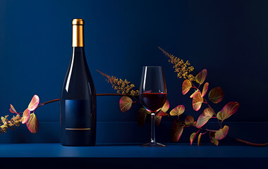 Mock up with bottle of red wine and glass, adorned with autumn branches on deep blue background