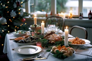 Festive dining table set with holiday dishes, candles glowing warmly by a decorated Christmas tree, creating a cozy and inviting atmosphere.
