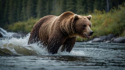 A grizzly bear wades through a river, splashing water in a serene natural setting.