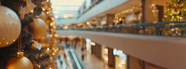 Christmas decorations hanging in a shopping mall during holidays season