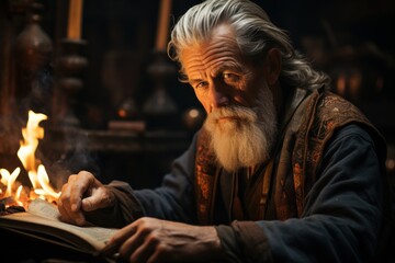 An elderly man studies an ancient book by the fire in a dimly lit room.
