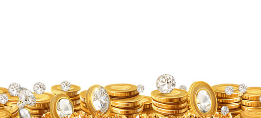 Seamless Horizontal pile of gold coins and diamond boarder isolated on transparent background
