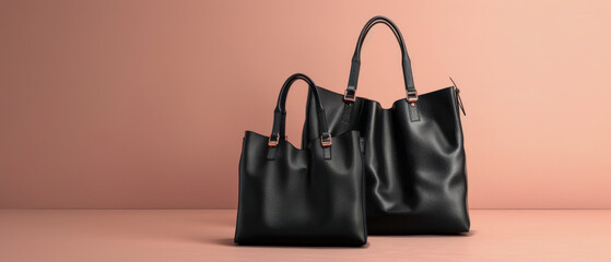 Two black handbags are displayed on clean pink background, soft light