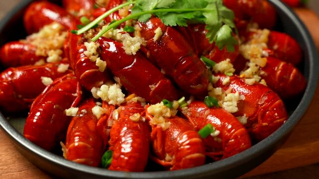 Summer gourmet garlic crawfish close-up 4K