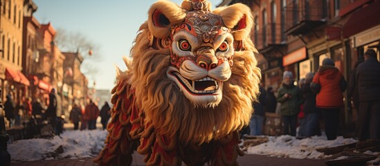 A vibrant lion dance performance in a snowy street, celebrating culture and tradition.