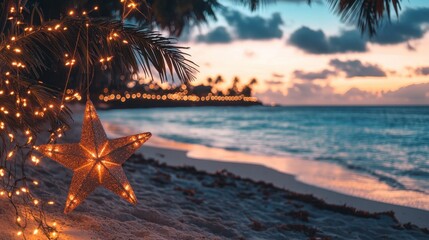 Christmas star hanging on palm tree at sunset on tropical beach
