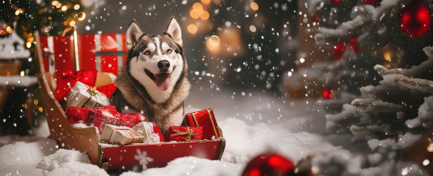 Husky dog sitting in sleigh with christmas gifts during snowfall - Powered by Adobe