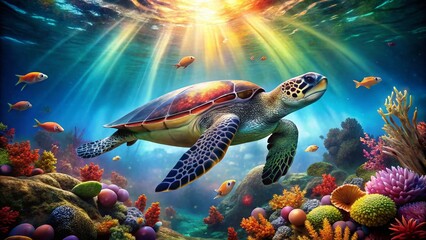 Obraz premium Stunning Macro Photography of a Sea Turtle Swimming Underwater in Vibrant Coral Reef Environment