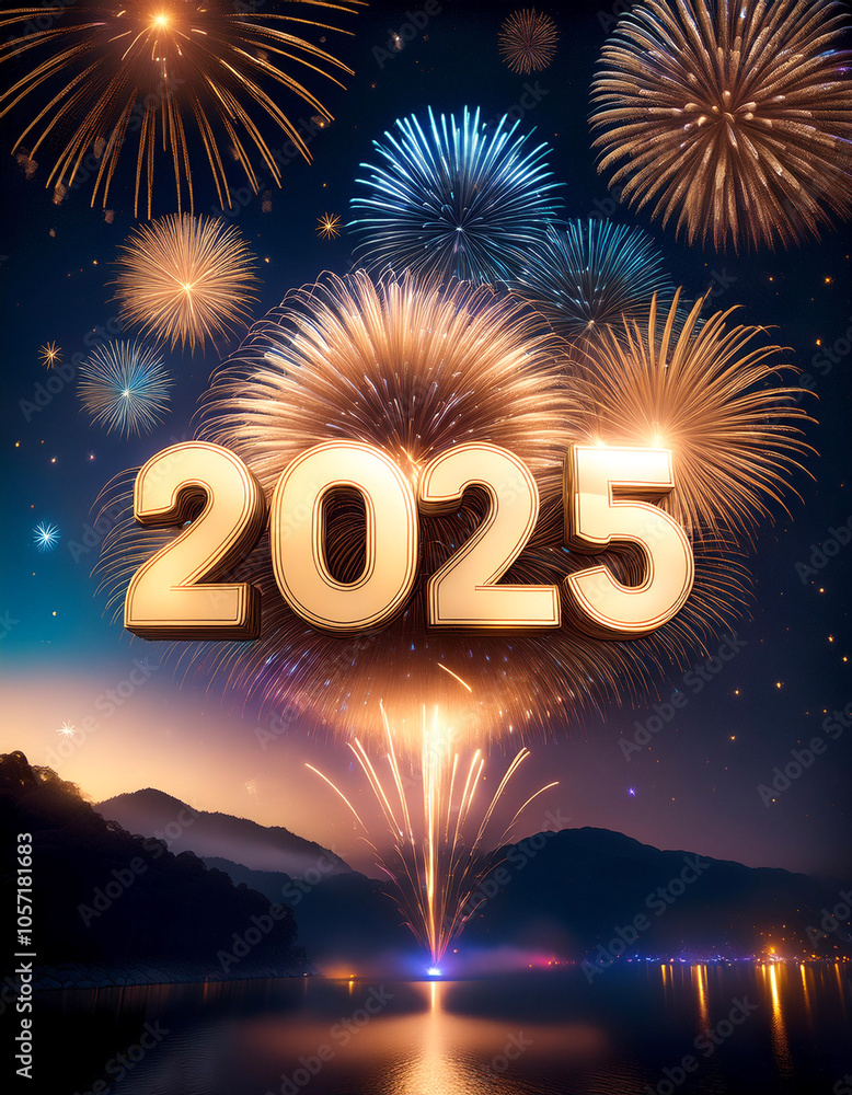 Fototapete combination of the number 2025 with the best design and a combination of festive elements and ornaments such as fireworks exploding among the stars of the night sky floating or flying