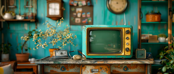 Retro green and yellow television on table in room with blue wall, nostalgia