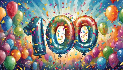 Birthday / anniversary balloon, number 100, colorful illustration with confetti and festive decoration
