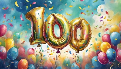 Birthday / anniversary balloon, number 100, colorful illustration with confetti and festive decoration