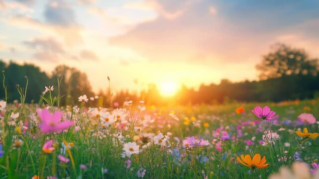 Serene sunset over a meadow full of blooming flowers. Gentle twilight colors in the sky and a calm, tranquil nature scene with a soothing light reflecting on the landscape.