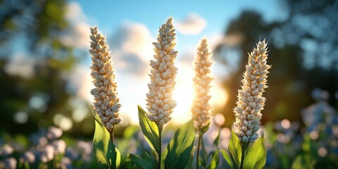 Golden Hour Wheat Field Sunset Landscape   Close up of Blooming Grain Flowers