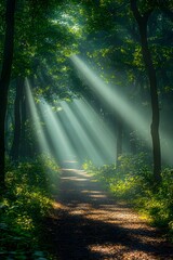Obraz premium A serene forest path illuminated by sunlight filtering through trees.