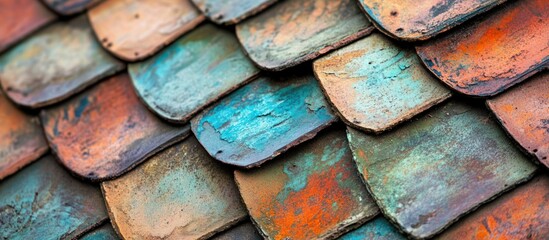 Close-up of weathered terracotta roof tiles, showing a colorful and textured pattern.