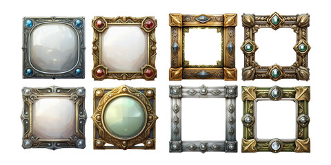 square ui game frames, textured medieval borders of gold, silver or steel metal with gems, png collection isolated on transparent background