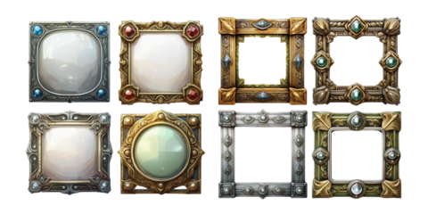 square ui game frames, textured medieval borders of gold, silver or steel metal with gems, png collection isolated on transparent background