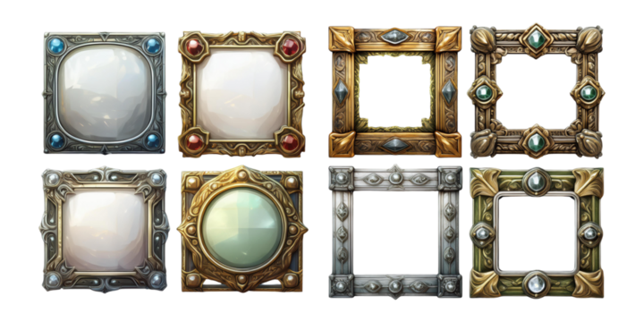 square ui game frames, textured medieval borders of gold, silver or steel metal with gems, png collection isolated on transparent background