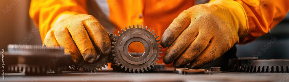 Poster a worker in gloves assembles mechanical gears in a workshop, showcasing precision and craftsmanship 