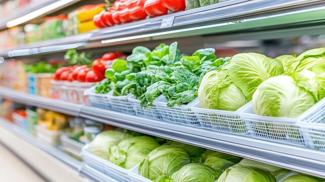 Fresh vibrant vegetables and herbs thriving in a modern vertical farm setup within a grocery store, enhancing the eco-friendly shopping experience