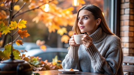 Woman Enjoying Warm Coffee in Cozy Caf&eacute; with Autumn Leaves Outside..