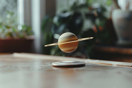 A miniature model of Saturn hovers realistically above a table, casting shadows and evoking wonder, with blurred greenery in the background.