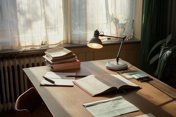Sunlight filters through curtains onto a wooden desk, illuminating open books and scattered papers in a cozy study corner, evoking a sense of focused learning.