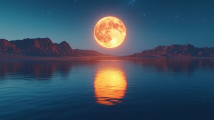 A full, orange moon rises over a calm, blue lake and reflects in the water. The mountains on the horizon are dark, almost black, and the sky is filled with stars.