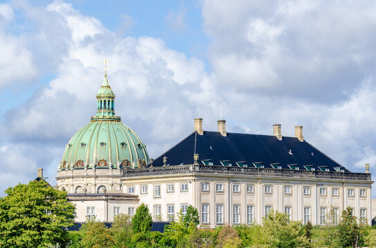 The view from the main harbour on Amalienborg and Mamor Kirken in Copenhagen, Denmark