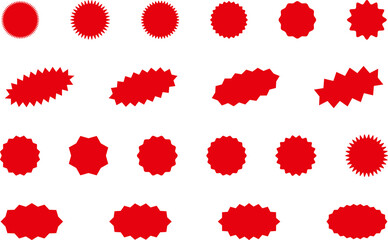 Starburst red sticker set - collection of special offer sale oval and round shaped sunburst labels and badges. Promo stickers with star edges. Vector.