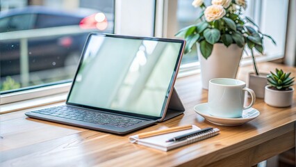 Minimalist Workspace with Tablet and Coffee by Window