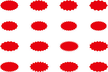Starburst red sticker set - collection of special offer sale oval and round shaped sunburst labels and badges. Promo stickers with star edges. Vector.