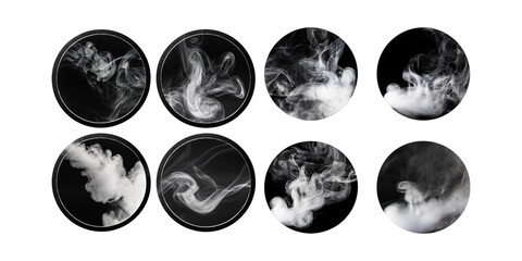 Hookah vape or cigarette smoke circles with grow and disappear sequence steps for animation, png collection isolated on transparent background
