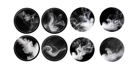 Hookah vape or cigarette smoke circles with grow and disappear sequence steps for animation, png collection isolated on transparent background