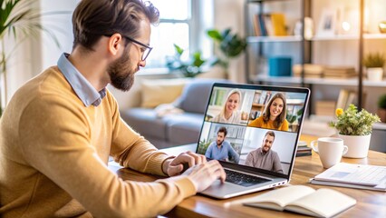 Man in video call with colleagues, cozy home office