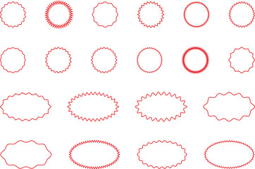 Starburst red sticker set - collection of special offer sale oval and round shaped sunburst labels and badges. Promo stickers with star edges. Vector.