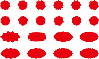 Starburst red sticker set - collection of special offer sale oval and round shaped sunburst labels and badges. Promo stickers with star edges. Vector.