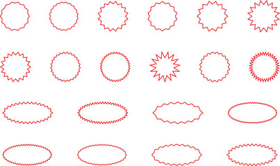 Starburst red sticker set - collection of special offer sale oval and round shaped sunburst labels and badges. Promo stickers with star edges. Vector.