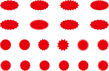 Starburst red sticker set - collection of special offer sale oval and round shaped sunburst labels and badges. Promo stickers with star edges. Vector.