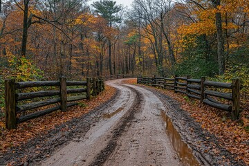 Naklejka premium A Winding Dirt Road Through Autumnal Woods with Wooden Rail Fences