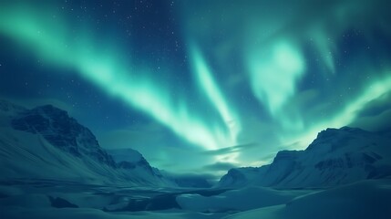 Mesmerizing Aurora Borealis (Northern Lights) Over Arctic Snowy Landscapes with Green and Blue Lights in Starry Sky_