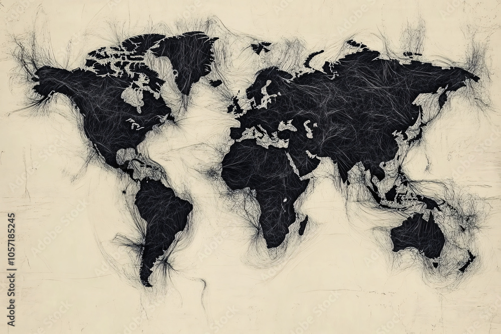 Poster a world map in black with a sketchy web-like texture on a beige background evoking a hand-drawn arti